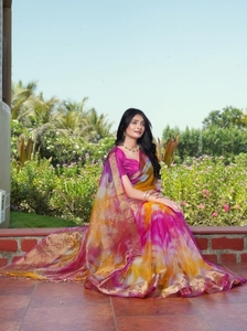 Sari de organza Bandhani bordado KV (rosa) - Product Image 3