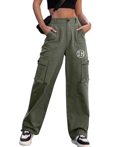 Pantalon cargo décontracté taille haute pour femme, coupe large et droite, avec poches, 100 % coton, idéal pour l'automne - Product Image 5