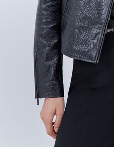 Chaqueta de Motociclista para Mujer, de Cuero Genuino con Grabado de Cocodrilo, Cuello Camisero, Manga Larga, Estilo Otoñal - Product Image 2