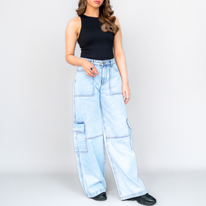 Pantalon cargo en jean bleu clair taille haute pour femme, coupe ample, longueur intégrale avec poches, décontracté, été, écologique, respirant - Product Image 6