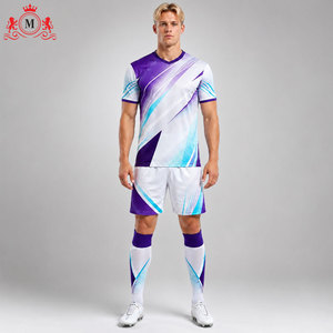 Ensemble maillot et short de football personnalisé violet et blanc par sublimation, en polyester respirant, uniforme de football pour adulte, détection par aiguille - Product Image 5