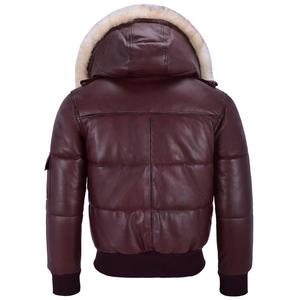 Blouson à capuche en fausse fourrure avec veste en cuir matelassé style bomber en cuir véritable peau de mouton - Product Image 6