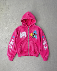 Sudadera con capucha rosa vintage con cremallera, de algodón lavado de alto gramaje, estilo streetwear, oversize, estampada, para mujer - Product Image 1