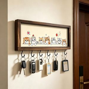 Porte-clés mural en bois motif chaton mignon avec 5 crochets métalliques – Organisateur décoratif pour entrée et décoration de chambre - Product Image 6