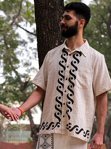 Handmade Men Of-White Cotton Khadi <b>Shirt</b> with Black Hand-Block Print Geometric Waves Summer Casual <b>Button</b>-Down <b>Half</b>-Sleeve Top - Product Image 6