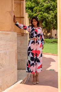 Vestido Maxi con Estampado Floral, Cuello Alto, Manga Larga, Corte en A, Chifón, Casual, Holgado, Transpirable, con Dobladillo Plisado, Cómodo para Primavera - Product Image 1