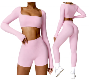 Women's <b>Pink</b> Two-Piece Set Long Sleeve Strapless Crop <b>Top</b> <b>High</b> Waist Flared Pants Sporty Casual Wear Spring Summer - Product Image 5