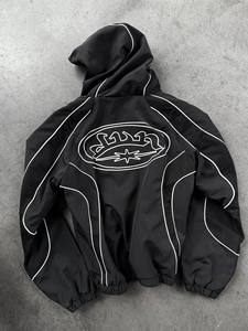 Custom Hooded Bomber <b>Jacket</b> With White Stitching Embroidered Logo Reflective Piping Windproof Sporty Style Full Zip Front Logo - Product Image 2
