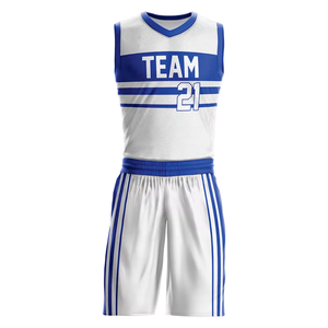 Ensemble d'uniformes de basketball personnalisables à rayures blanches et bleues, en tissu mesh respirant, maillot sans manches et short pour équipes - Product Image 2