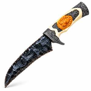 Cuchillo de Obsidiana Negra de 10 Pulgadas con Mango de Resina con Cara de León, Hecho a Mano, Decoración Gótica para Coleccionistas - Product Image 1
