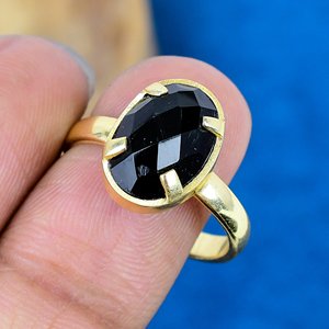 Natural Black Onyx Oval Cut Gemstone 18k Gold Plated Bezel Handmade <b>Statement</b> Prong <b>Ring</b> For Women - Product Image 3