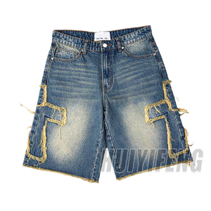 Shorts en jean baggy vintage pour homme, en coton, longueur genou, avec broderie croisée personnalisée, style streetwear estival - Product Image 1