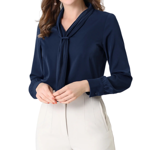 Chemise de bureau décontractée à col noué en mousseline plissée pour femmes, légère, drapée, à manches longues, avec poignets boutonnés, respirante, élégante - Product Image 6