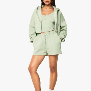 Ensemble de survêtement vintage pour femme, 2 pièces, coupe ample, avec sweat à capuche et short, en molleton polyester/coton, écologique - Product Image 1