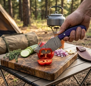 Couteau à lame fixe en acier Damas fait main sur mesure, manche en bois violet, étui en cuir, couteau utilitaire pour le camping en plein air, OEM - Product Image 5