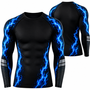 SHH Industries OEM Fully Custom Breathable Quick Dry Blue Flame Compression <b>Rash</b> <b>Guard</b> Men's Long Sleeve <b>BJJ</b> MMA Grappling - Product Image 3