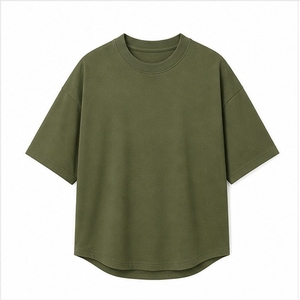 เสื้อยืดเปล่าสีเขียวเอิร์ธโทนทรงโอเวอร์ไซส์ แขนสั้น ชายโค้ง แฟชั่นสตรีทแวร์ ขายส่งแบบกำหนดเองได้ - Product Image 1