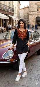 Fancy Women Wear Blue Embroidered Cotton Short Kurtis Loose Fit Midi Traditional Indian Pakistani Casual <b>Top</b> Tunic Collections - Product Image 4