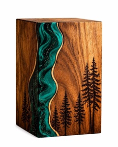 Handcrafted Wooden Resin Eco-Friendly Cremation Urn for Baby & PET Personalized Teal River Forest <b>Memorial</b> Ashes <b>Box</b> - Product Image 4