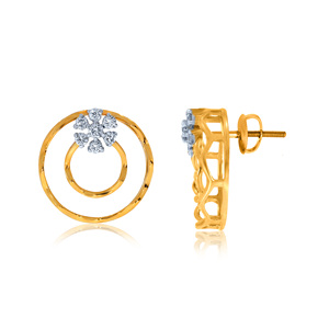 Atractivos Pendientes de Oro Amarillo de 18K con Diseño de Círculos Dobles y Flores, con Diamantes Cultivados en Laboratorio de Corte Redondo, Joyería Fina y Elegante - Product Image 3