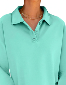 <b>Womens</b> <b>Long</b> <b>Sleeve</b> <b>Polo</b> <b>Shirt</b> Turn Down Collar Button Mint Green Solid Casual Tops - Product Image 5