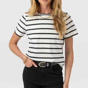 2026 Best Quality Women's <b>Striped</b> Crew Neck Short Sleeve <b>T</b>-<b>Shirt</b> 100% Cotton Knitted Casual Regular Fit <b>White</b> <b>Black</b> Stripes - Product Image 3