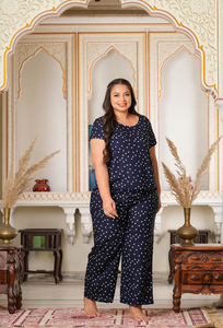 Pijama de Rayón Azul con Estampado de Lunares, Manga Corta, Cuello Redondo, Talla Grande, Ropa de Dormir Informal para Mujer, Venta al Por Mayor - Product Image 4