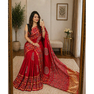 Gujrati Ajrakh Pattern <b>Saree</b> with Premium Tissue Pallu and Contrast Check Border Indian Traditional Festival Wear <b>Saree</b> - Product Image 1
