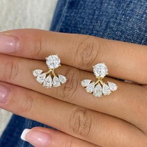 Pendientes de Diamantes Redondos y en Forma de Pera para Mujer, Oro Amarillo de 14K, Diamantes Naturales, Pendientes Delanteros y Traseros, Regalo de Lujo para Novia - Product Image 4