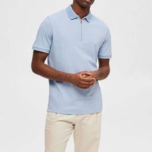 Polo à manches courtes bleu clair pour homme, couleur unie, design décontracté avec fermeture éclair, coupe classique, tricot en coton respirant - Product Image 1