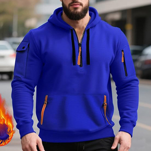 Sweat-shirt à capuche bleu pour homme, coupe classique, décontracté, pour l'automne, couleur unie, tricoté en polyester respirant, avec poches - Product Image 5