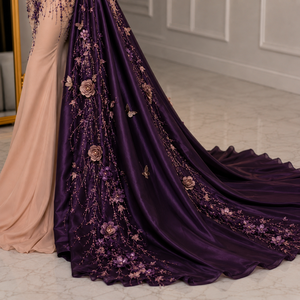 Royal Plum Nude Illusion Mermaid Evening Gown 3D Floral Embroidery Appliques <b>Sequined</b> Beading Satin Cape Luxury Bridal Dress - Product Image 4