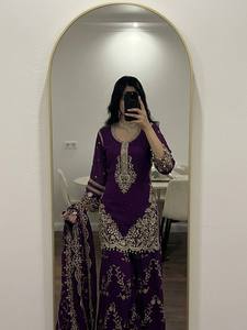 Ensemble Salwar Kameez Sharara en Faux Georgette Jaune Brodé avec Dupatta pour Femmes – Idéal pour les Mariages et les Fêtes – Anti-humidité et Protection Solaire - Product Image 3