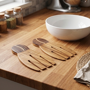 Utensilios de Madera para Ensalada de Madera Suar de Grado Alimenticio, con Forma de Mano y Incrustaciones de Cáscara de Coco Oscura, Color Marrón Claro, para Comedor y Cocina - Product Image 2