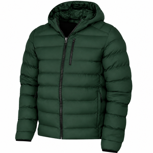 Manteau d'hiver pour homme en duvet vert foncé à capuche, coupe classique, imperméable, décontracté, couleur unie, polyester, fermeture éclair - Product Image 1