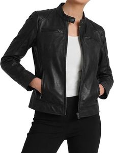 Chaqueta de Motociclista de Cuero Genuino para Mujer, Color Marrón, Cuello Alto, Cierre de Cremallera, Manga Larga, Estilo Biker, para Otoño - Product Image 5