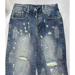 High Waist Straight Leg Distressed Denim Jeans With Ripped Details And Print Pattern Casual Style For Men Autumn Wear - Product Image 6