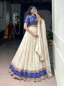 TENNECY Traditional Sequins Thread Embroidery Work Women's <b>Wedding</b> Diwali Blouse Vichitra Silk Lehenga Reversible Stretchable - Product Image 3