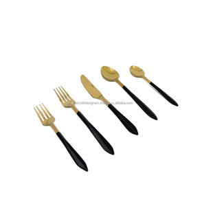 Wedding Decor Gold Forks Spoons And Knife <b>Set</b> of 5 Pieces Luxury Cutlery <b>Set</b> Black Handles Restaurant Supplies Latest Style - Product Image 1