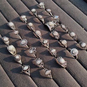 Wholesale Brass Moonstone Adjustable <b>Rings</b> Set Women Natural Gemstone Silver Plated Bohemia Bezel Setting Wedding Statement - Product Image 3
