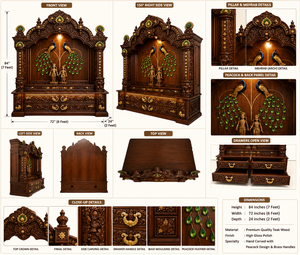 Mandir en bois au design paon pour salle de prière, temple domestique de designer en teck massif avec rangement, temple indien haut de gamme au design paon, USA - Product Image 6