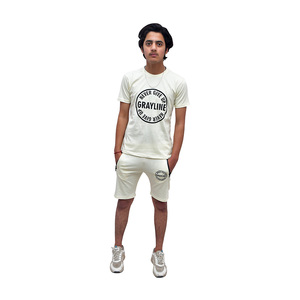 Customized Wholesale Summer Acid Wash Solid Men's 100% Cotton Lightweight T-Shirt Sweatshirt & Shorts Set with Screen Print - Product Image 3