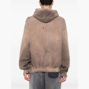 Sudadera con capucha vintage desgastada de gran tamaño con cremallera para hombre, estilo urbano, de forro polar lavado y rasgado, con bolsillos, logotipo personalizado, venta al por mayor - Product Image 3