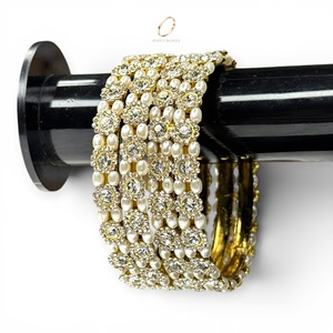 Wedding Collection White Pearl <b>Crystal</b> Premium Gold Plated Kashmiri Bangles Set for Women Wholesale Indian Fashion at Low Price - Product Image 2