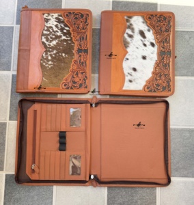 Western Cowhide leather Hand Tooled Zipper Lock Business Portfolio Binder Manufacture Document <b>Folder</b> With <b>Card</b> Holder - Product Image 5