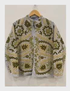 Grey Winter Suzani Velvet Cotton Jacket Oversize Kimono <b>Coat</b> Handmade Uzbek Embroidered Womens Quick Dry Breathable Outfits - Product Image 1