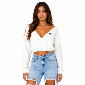 White French terry Women's Cropped Sweatshirt V Neck Drop Shoulder Oversized Long Sleeve Gathered Hem Casual Fashion Custom Logo - Product Image 1