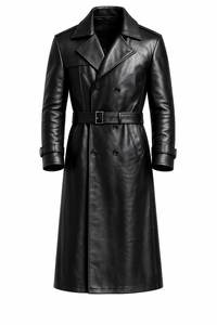 <b>Men</b> Genuine Leather <b>Long</b> Trench <b>Coat</b> Notched Lapel Double Breasted With Belt Regular Fit - Product Image 3
