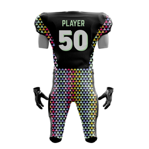 Uniforme de football américain personnalisé, imprimé géométrique noir, maillot et pantalon sublimés, vêtements de sport ajustés pour hommes, évacuation de l'humidité - Product Image 3