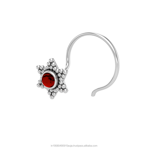 Pendiente de Nariz con Engaste de Granate Redondo en Plata de Ley 925, Estilo Indio, para Mujeres y Niñas - Product Image 2